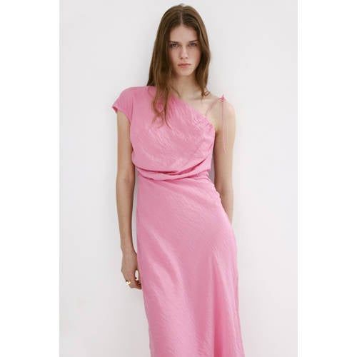 Mango Lichtroze One Shoulder Viscose Midi Jurk
