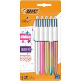 BiC 4 kleuren glanzende en gradiënt intrekbare balpennen medium punt (1,00 mm) in metallic zilver, goud, roze, roségoud en kleurverloop pastel - pak van 5