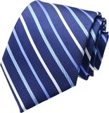 Fako Fashion® Luxe Stropdas - Donkerblauw/Wit Gestreept - 145cm x 8cm - Polyester