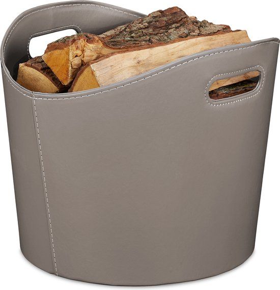 Relaxdays houtmand kunstleer - 23 l - voor haardhout - houtopslag - binnen - donkergrijs