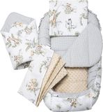 Medi Partners 5-delige Babynest Set 100x60x15 Uitneembaar inzetstuk Bed Knuffel Nestje Baby deken Pasgeboren 100% katoen (Safari met beige Minky)