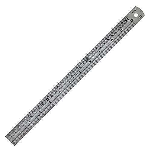 Linex 100411042 stalen liniaal, 30 cm lang en 1,9 cm breed, met inchschaal en omrekeningstabel op de achterkant (van inch tot mm).