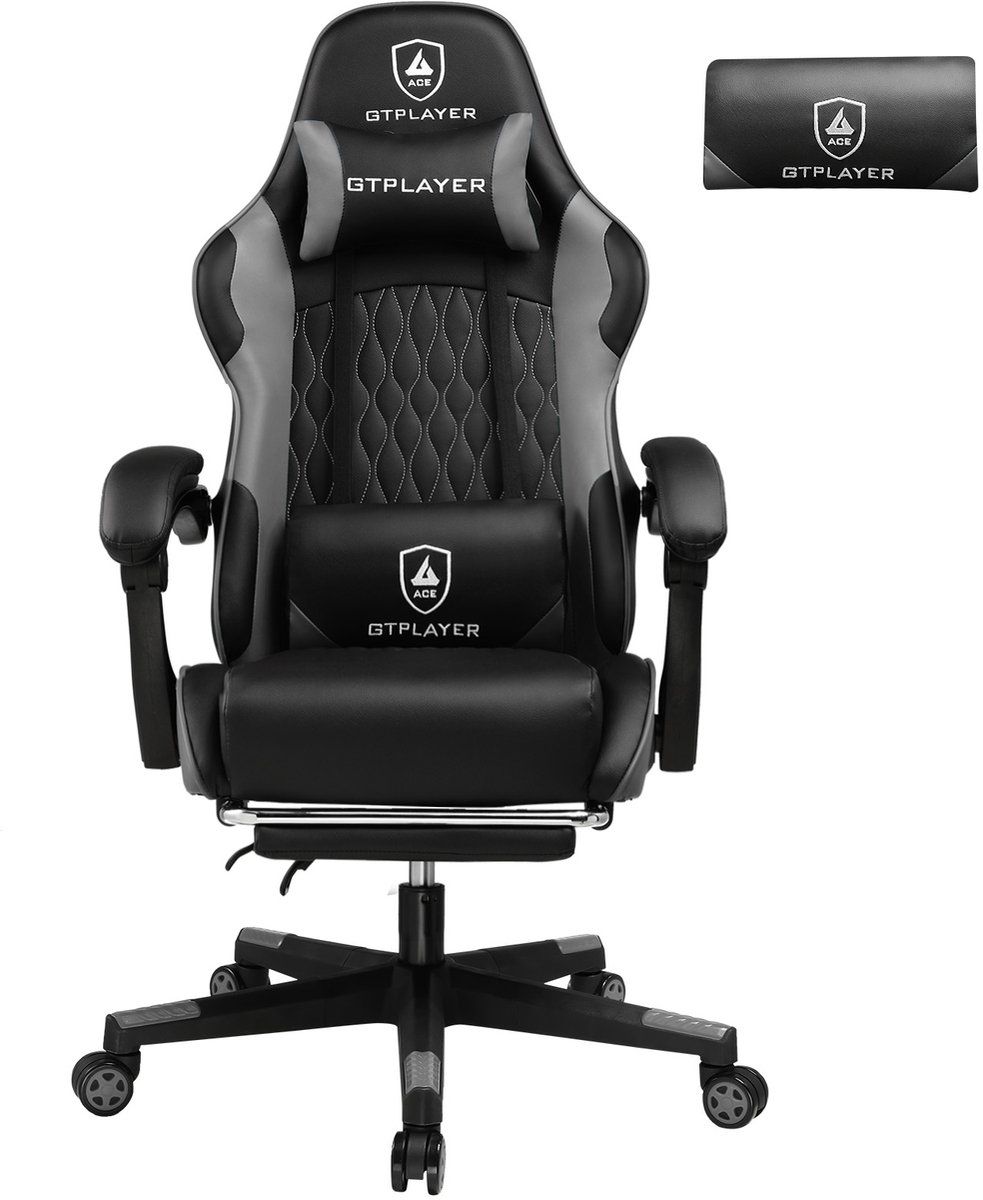 GTPLAYER Ergonomische gamingstoel, comfortabel, met lendenkussen en verstelbare kop, geïntegreerde voetensteun, max. 150 kg, hoge kwaliteit, grijs