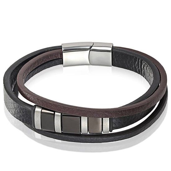Mendes heren armband Multi Leer Edelstaal Zwart Bruin-22.5cm