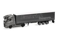 Herpa vrachtwagen model DAF XG+ schuifzeil oplegger "Emmrich Transporte", schaal 1:87, voor diorama, modelbouw, verzamelobject, Made in Germany, kunststof