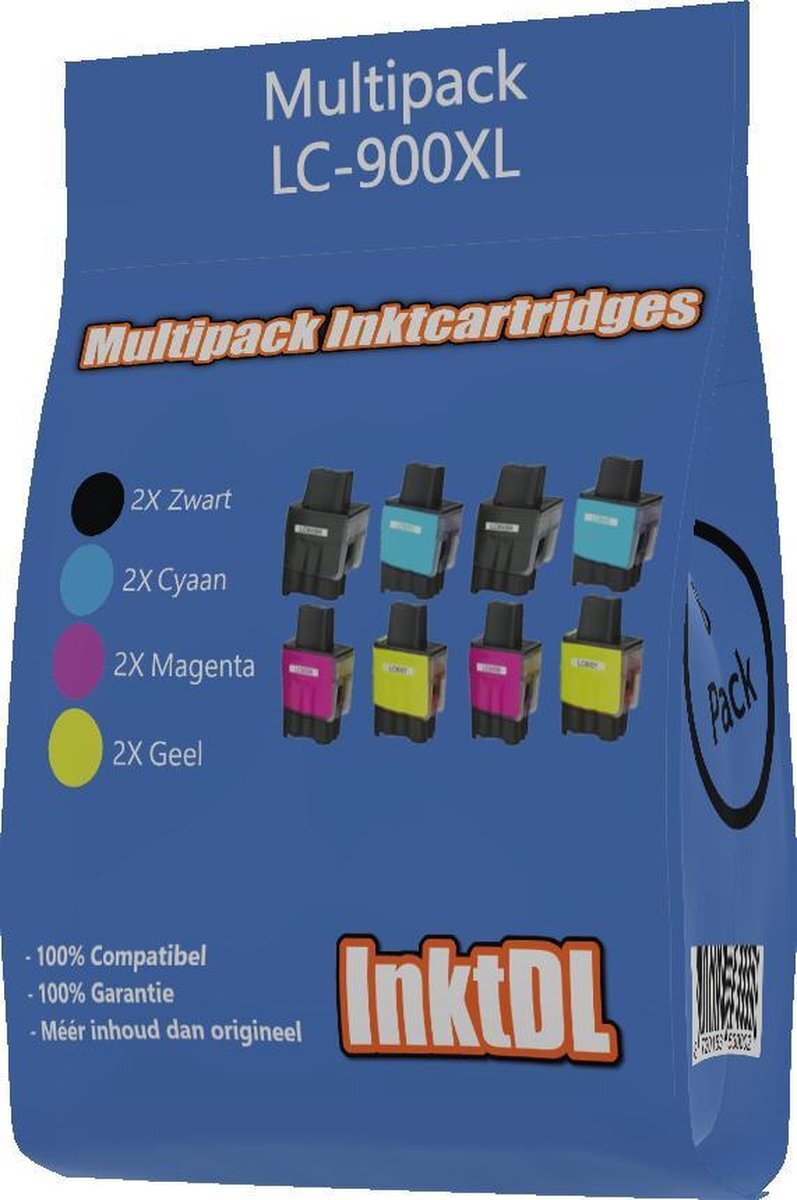 InktDL Compatible inkt cartridges voor LC900 / LC-900XL | Multipack van 8 inktcartridges voor o.a. Brother DCP-120C, DCP-115C, DCP-117C, DCP-310, DCP-340CW, MFC-3340, MFC-410, MFC-420, MFC-425, MFC-5440, MFC-5840, MFC-610, MFC-620, MFC-640, MFC-820