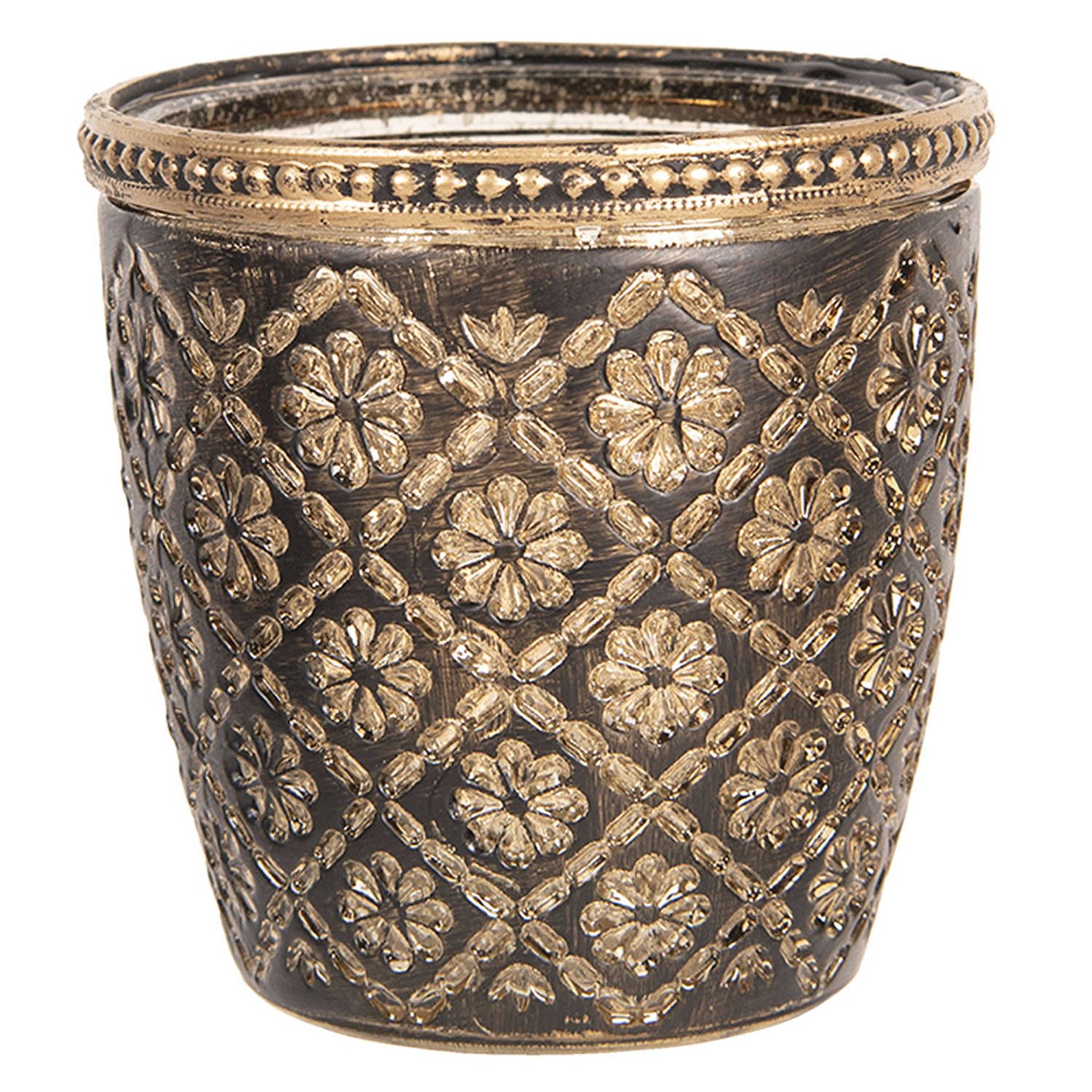 Clayre & Eef Theelichthouder Ø 9x9 cm Bruin Glas Metaal Bloemen Waxinelichthouder Windlichthouder