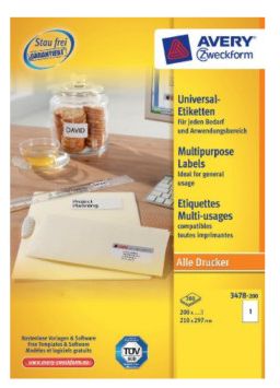 Avery 3478-200 - Etiketten - wit - papier - 29,70 cm x 21,00 cm