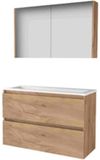 Basic Line Comfort 39 Badkamermeubelset - Ondiep - 100 x 39 cm - Greeploos - 2 Lades - Acryl Wastafel - Zonder Kraangat - Spiegelkast - Whisky Oak