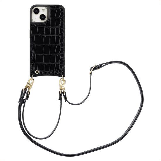 Selencia Hoesje - Geschikt voor Apple iPhone 15 - Croco Backcover met koord en pashouder - Zwart