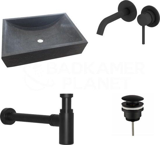 Sani Royal Natuurstenen Waskomset Box Mat Zwart Inbouwkraan 50x35x12 cm