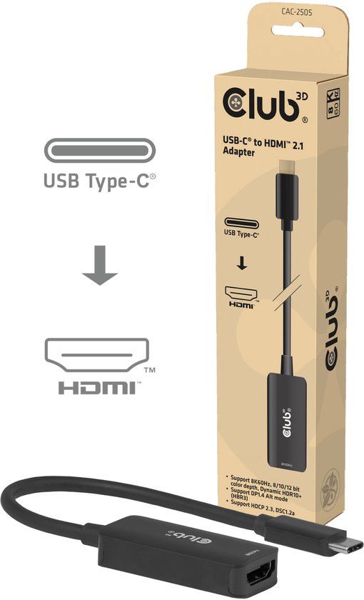 Club 3D USB-C naar HDMI 2.1-adapter 8K60Hz