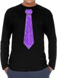 Bellatio Decorations Verkleed shirt heren - stropdas glitter paars - zwart - carnaval - longsleeve XXL