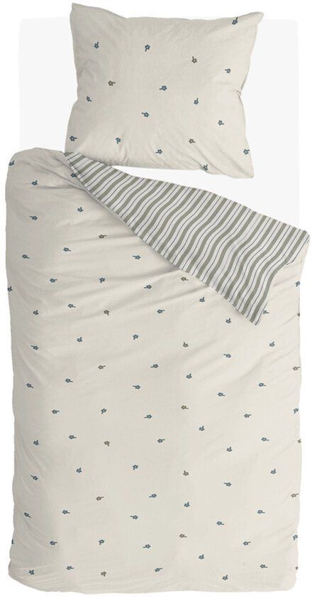 Walra Dekbedovertrek Remade Blossom Lines - 140x220 cm - 100% Katoen - Off White / Groen