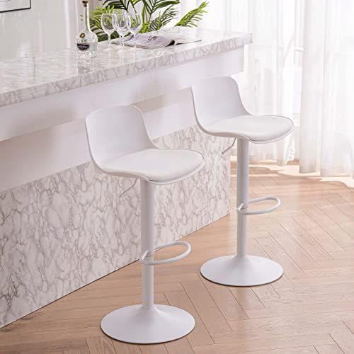 Kidol & Shellder Barkruk set van 2 witte eetkamerstoelen, in hoogte verstelbaar, 360° draaibaar met rugleuning en zitkussen, barkruk van PU-leerkunststof, metaal, voor thuis of in de keuken