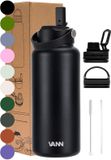 VANN® 3-Wandige RVS Drinkfles 1 Liter met rietje voor volwassenen – Satin Noir