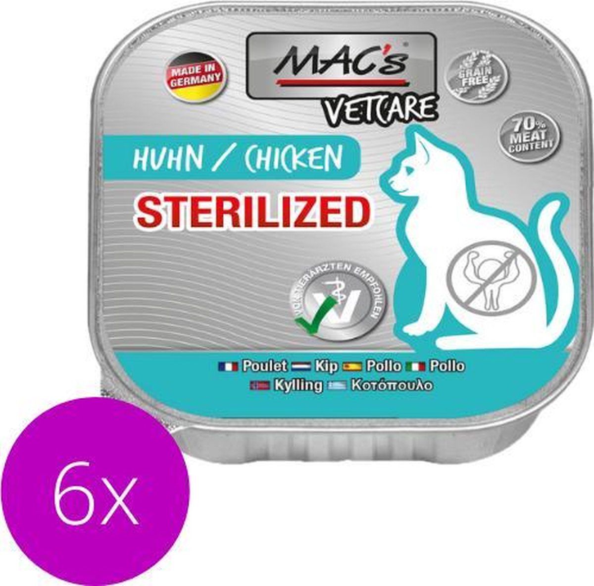 MAC's Vetcare Kattenvoer - gesteriliseerde kat - 70% Kippenvlees - 6 x 100g