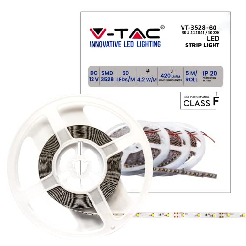 V-tac LED-strip spoel 5 meter 4,2 W per meter, SMD 3528, kleur van het licht natuurlijk wit, 4000 K voor gebruik binnenshuis met plakstrip, voeding via 12 volt.