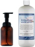 Claudius Cosmetics B.V. Zeepdispenser 300 ml amber bruin hervulbaar + 1 liter Bodylotion White Lotus navulling