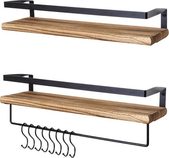 LifeGoods Zwevende Wandplank - 2 Stuks - 41cm - Handdoekhouder en 8 Haakjes - Industrieel - Hout - Bruin/Zwart