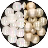 Decoris Kerstversiering 32x stuks kunststof kerstballen mix van parelmoer wit en champagne 4 cm