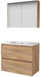 Basic Line Comfort 46 Badkamermeubelset - 80 x 46 cm - Greeploos - 2 Lades - Keramische Wastafel - 1 Kraangat - Spiegelkast - Whisky Oak