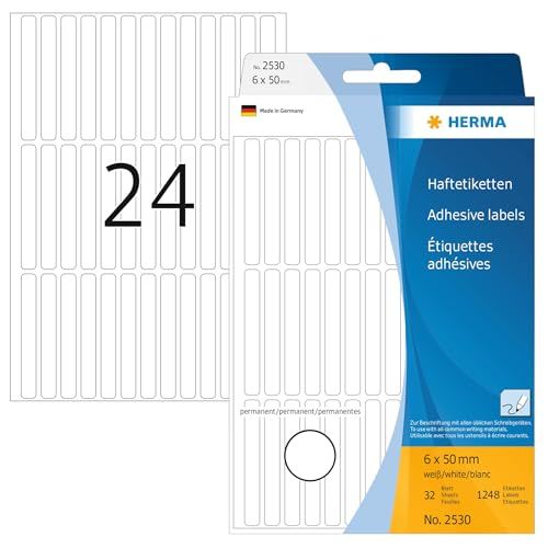 HERMA 2530 multifunctionele etiketten mini (6 x 50 mm, 32 velles, papier, mat) zelfklevend, permanent klevende huishoudelabels voor handschrift, 1.248 stickers, wit