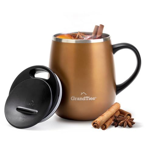 GRANDTIES Geïsoleerde koffiemok met handvat - schuifdeksel voor spatwaterdicht 460 ml thermosbeker met dubbelwandige vacuüm roestvrij staal houdt dranken warm en koud - cognac metallic
