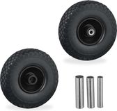 Merkloos Relaxdays Steekwagenwiel - Set van 2 - Luchtband - 3.00-4 - Skelterwiel - 3 Adapters - Zwart