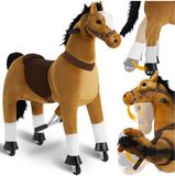 tectake Hobbelpaard op wielen – Rijdend speelgoed paard - Pluche paard met antislip handgrepen - Voor kinderen van 3-12 jaar - Stalen frame - Binnen & buiten gebruik - bruin, 34x89x100cm