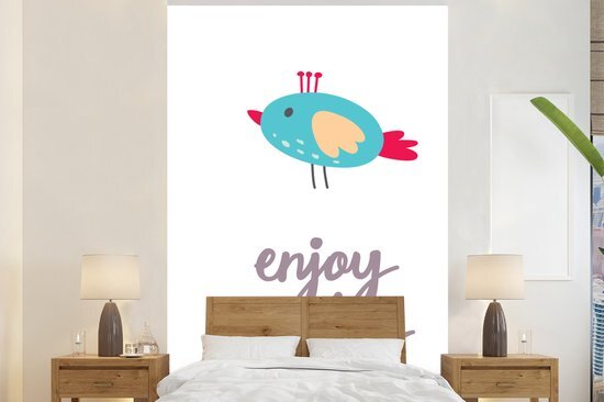 Nr1Wallpaper Behang - Fotobehang Illustratie met de quote Enjoy the day en een blauwe vogel - Breedte 225 cm x hoogte 350 cm