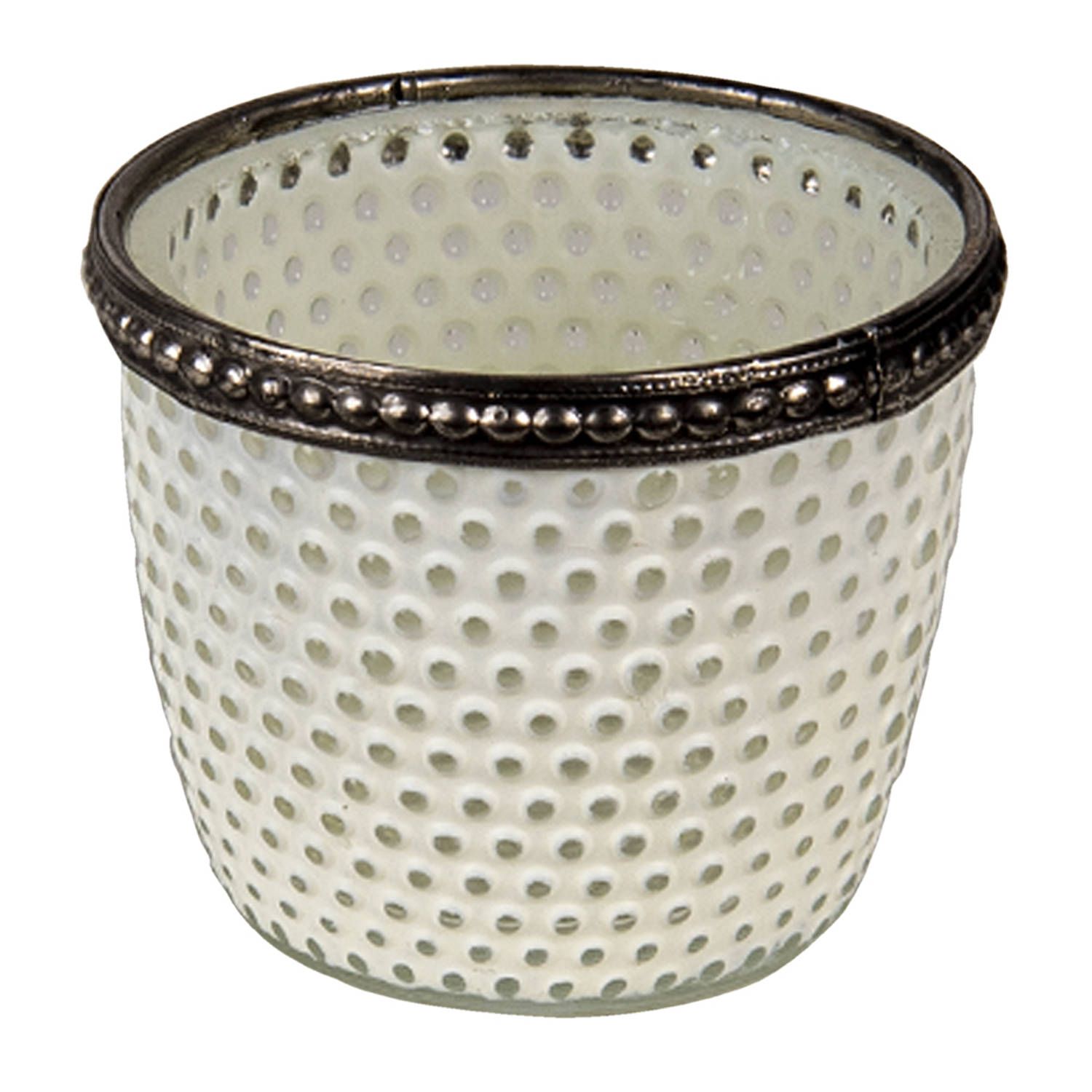 Clayre & Eef Theelichthouder Ø 7x6 cm Wit Glas Metaal Rond Waxinelichthouder Windlichthouder