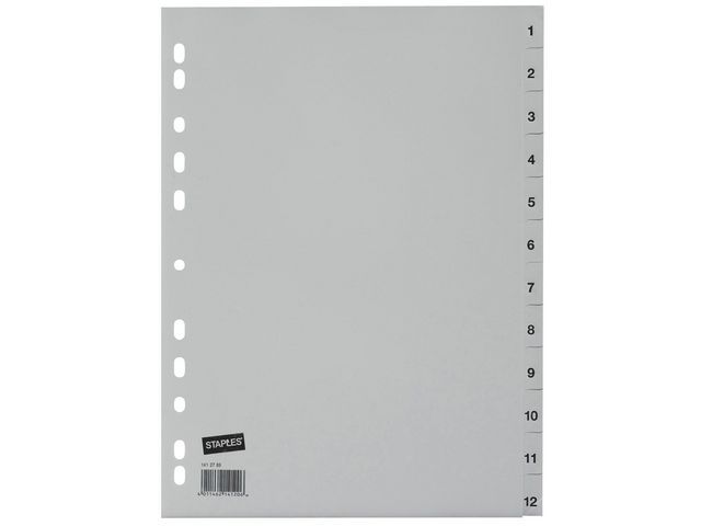 Staples 1-12 Tab Dividers Plastic 11-Hole 297 x 210/225 mm Gray