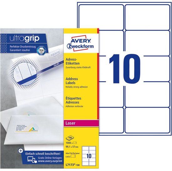 Avery Zweckform L7173-100 adreslabels/adresstickers (1.000 etiketten met ultragrip, 99,1x57mm op A4, bedrukbaar, zelfklevend, voor DIN C4/C5 enveloppen, papier mat) 100 vel, wit