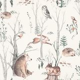 Rasch Behang 300048 - Licht vliesbehang met bosdieren in zacht beige, bruin en groen; kinderkamer behang - 10,05 m x 0,53 m (l x b)