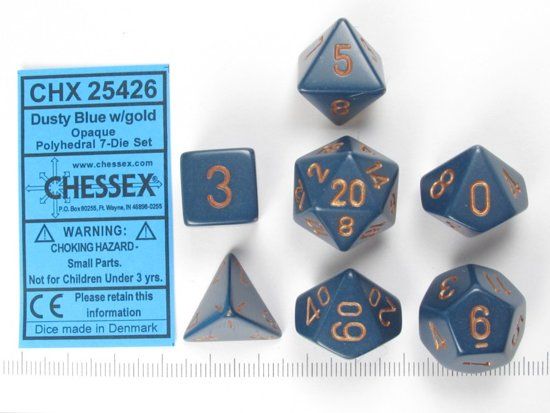 Chessex Dice Set - 7 Polyhedral Dice - Opaque Dusty Blue with Copper