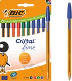 BIC Cristal Original Fine Balpennen met doorschijnende oranje houder - Diverse inktkleuren - Doos van 10 - Fijne punt 0.8 mm