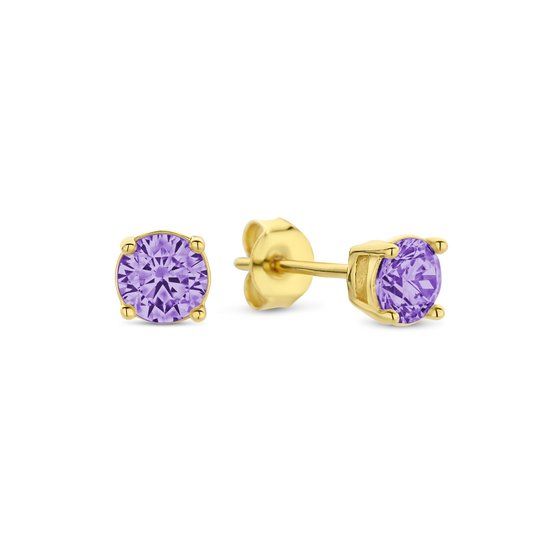 New Bling Zilveren Oorknopjes met Zirkonia Steentje 4mm - Paars - Verguld/Goud op Zilver