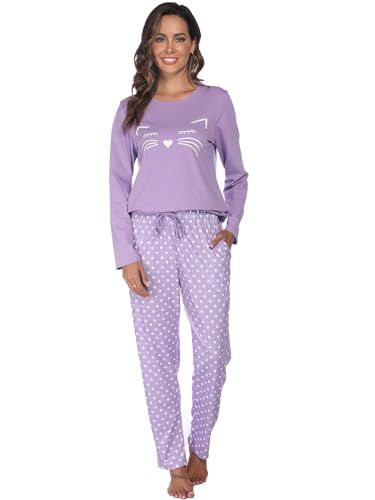 Lange Pyjama voor vrouwen, katoen, lange mouwen, pyjama, 2-delig, ronde hals, met opdruk, leuke casual thuiskleding, vrije tijd, herfst, winter, L