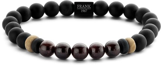 Frank 1967 7FB 0243 Heren Armband met Stalen Element - Agaat en Granaat natuursteen 8 mm - One-size - Zwart