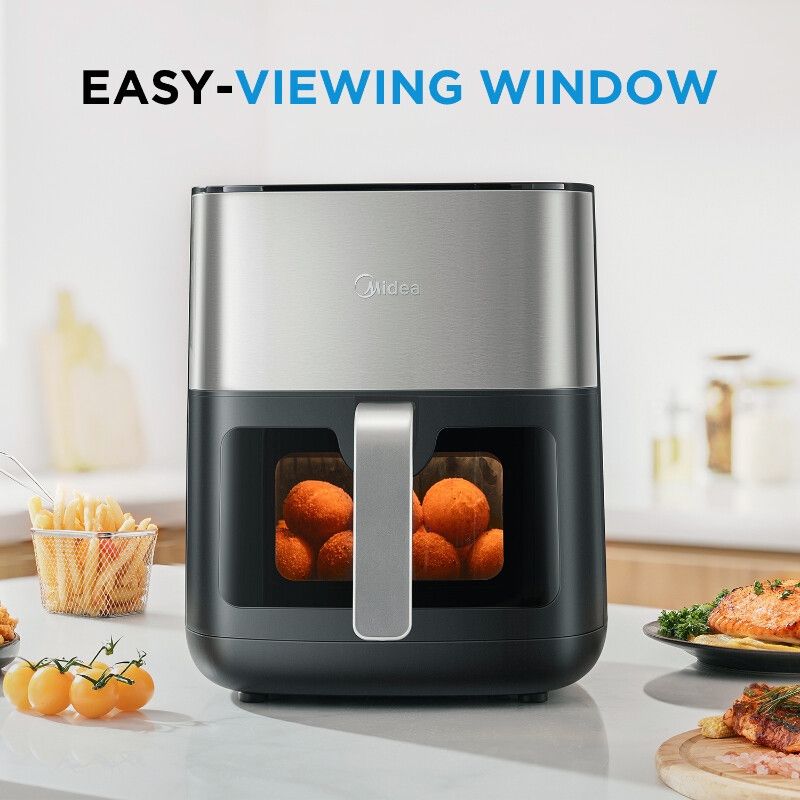 Midea 6,2 L heteluchtfriteuse met kijkvenster - 1600 W energiezuinig, HeatXpress snelle luchtcirculatie, 7-in-1 voorgeprogrammeerd menu, vaatwasbestendige antiaanbakmand, digitaal display + 1 min sneltoets (model: MF-CY65E)