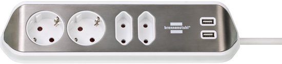 Brennenstuhl Estilo Hoekstopcontact - 4-Voudig (2x Contactdozen, 2x Euro-stopcontacten & USB) - Zilver/Wit