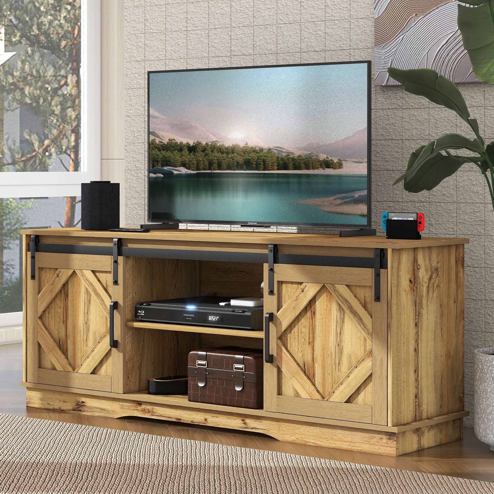 NONE Vintage Bruin TV-kast TV-meubel Dressoir Entertainmentcenter met 2 Schuifdeuren
