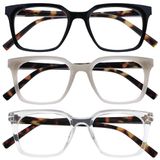 OPULIZE KOI Leesbrillen 3-Pack - Groot Rechthoekig Montuur - Zwart-Grijs-Helder - Heren Dames - Veerscharnieren - RRR50-17C - +2.50
