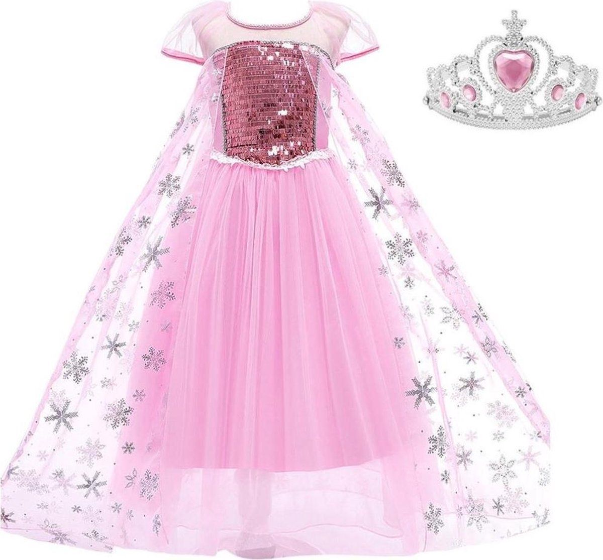 Spaansejurk NL Elsa jurk Sneeuwvlok Luxe prinsessen jurk roze 122-128 (130) + roze kroon verkleedkleding