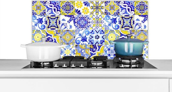 KitchenYeah Spatscherm keuken 80x40 cm - Tegelpatroon - Delfts blauw - Geel - Aluminium