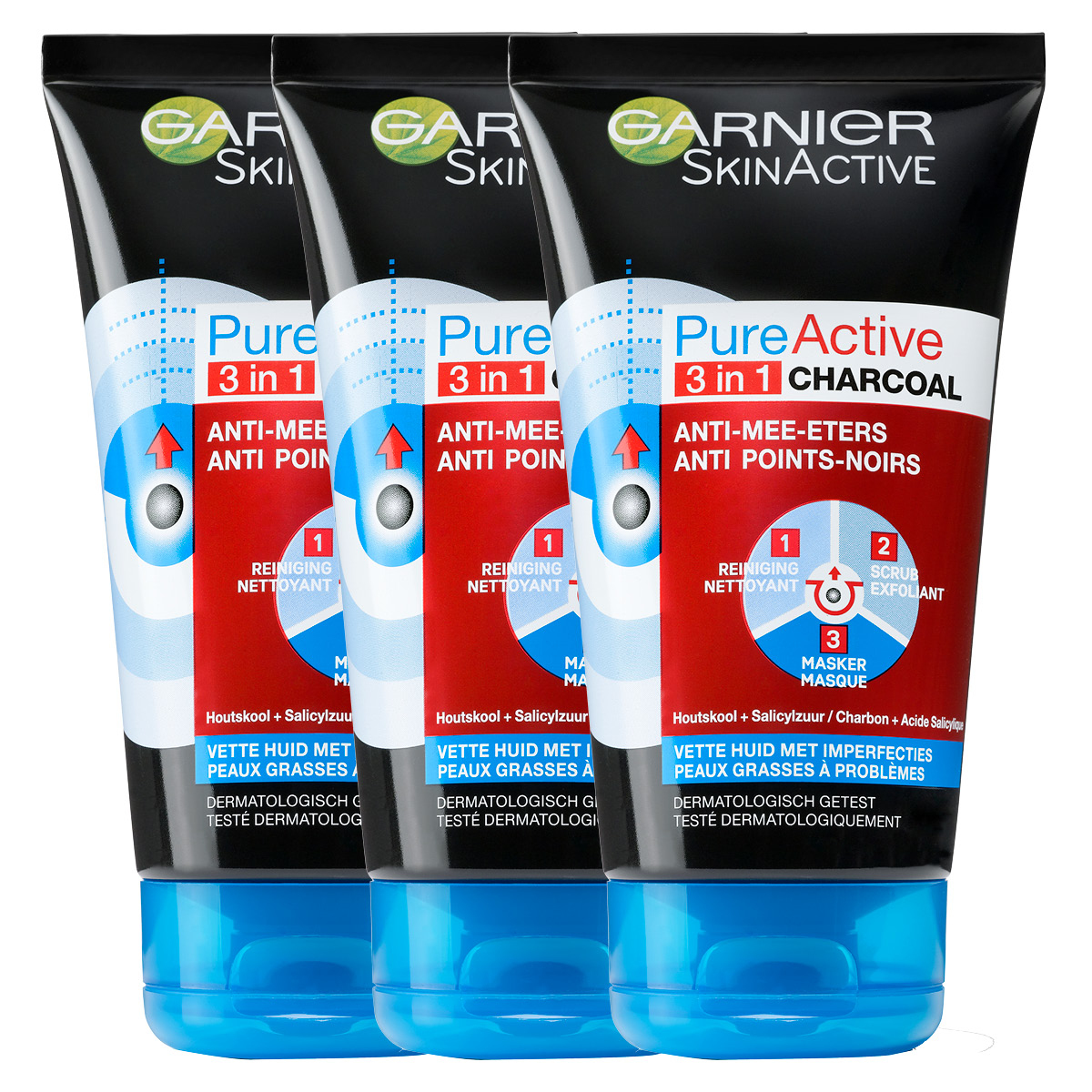 Garnier Skinactive Face PureActive 3-in-1 met Charcoal voor de Vette Huid met Imperfecties - 3 X 150 ml - Gezichtsreiniging