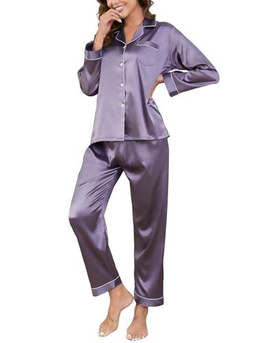 Pyjama Satijnen Pyjama Dames Satijnen Pyjama Set met knoopsluiting, Tweedelige Zijden Pyjama Voor Dames, V-hals Zachte Zijden Pyjama Nachtkleding, Loungewear Voor Alle Seizoenen