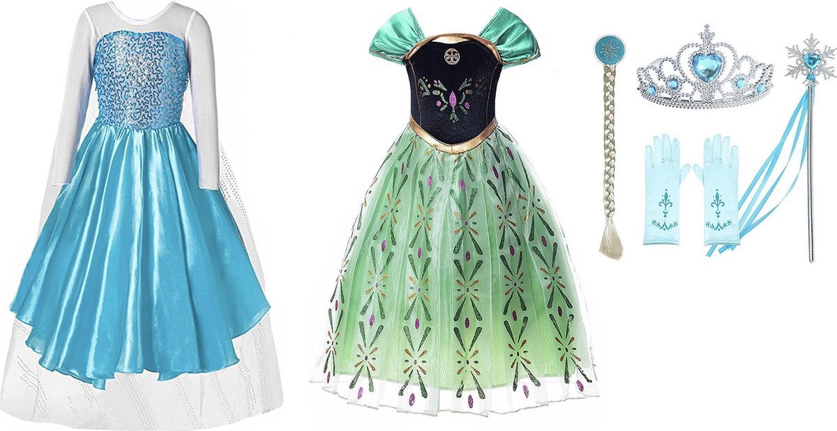 Het Betere Merk Frozen Elsa jurk met sleep + Anna jurk maat 128/134(140) + Tiara - Verkleedkleren Meisje - Carnavalskleding