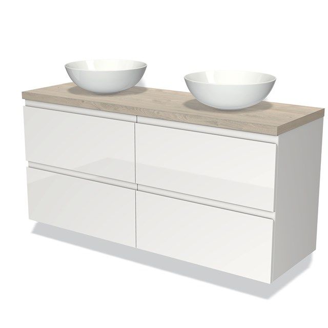 Maxaro Badkamermeubel Modulo Plato 140cm Hoogglans Wit 4 Lades Greeploos Lichtgrijs Eiken Blad